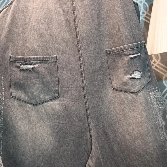 Gray Paisley Distressed Crop Denim Dungarees Bib Overall Jumper Oversized Lg - Picture 6 of 12